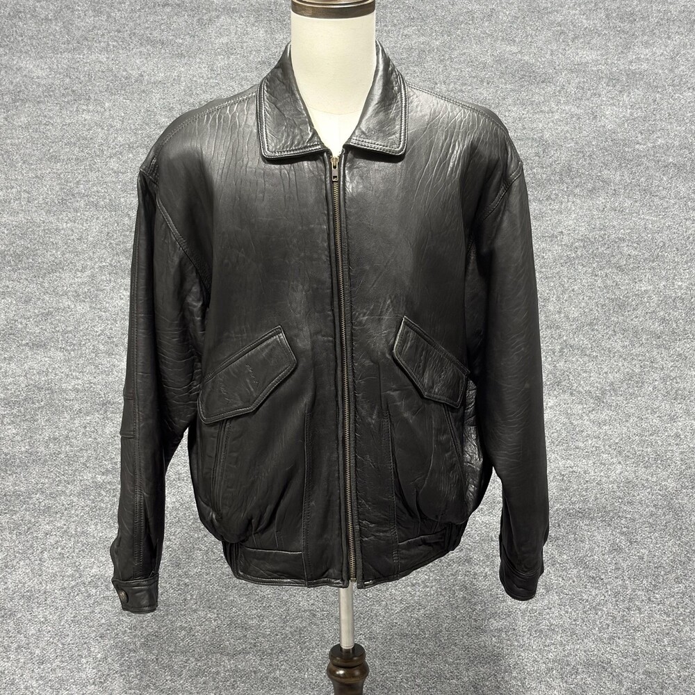 The Leather Warehouse Jacket Mens XL Black Leather Bomber Zip Pockets Lined